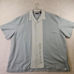 Contigo Mens 2X Bowling Shirt Blue Cream Embroidered Herringbone Retro Rayon